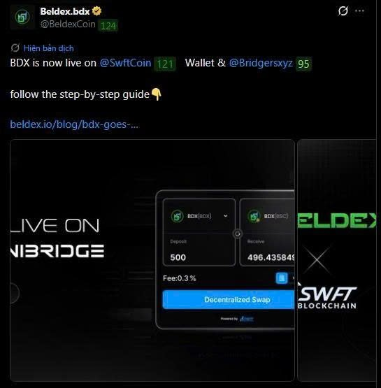 A Twitter post by Beldex (@BeldexCoin) announcing "BDX is now live on @SwftCoin Wallet & @Bridgersxyz" with a screenshot showing a Decentralized Swap interface.