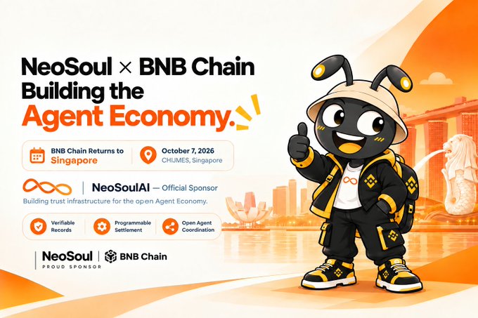 Promotional banner for 'NeoSoul × BNB Chain Building the Agent Economy' event, featuring an ant mascot in safari gear, with details: BNB Chain Returns to Singapore, October 7, 2026, CHIJMES, Singapore, and NeoSoulAI as Official Sponsor.