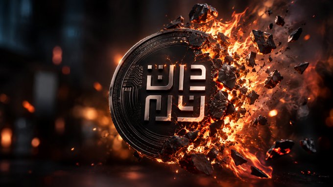 A dramatic digital artwork showing a cryptocurrency coin breaking apart with fire and sparks exploding outward, featuring a stylized logo emblem.