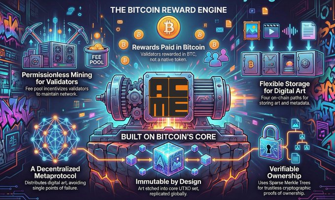 A colorful infographic titled 'THE BITCOIN REWARD ENGINE' detailing features like Permissionless Mining for Validators, Flexible Storage for Digital Art, Decentralized Metaprotocol, and Verifiable Ownership.
