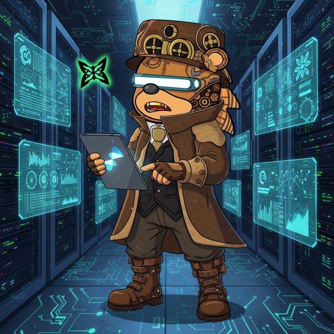 Illustration of a steampunk-styled bear character wearing a coat and VR goggles, holding a tablet in a futuristic server room with floating holographic data displays.