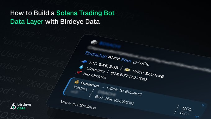 A promotional graphic titled "How to Build a Solana Trading Bot Data Layer with Birdeye Data," featuring a dark UI card that displays a Pump.fun AMM Pool for a token against SOL, showing metrics like MC $46,383, Price $0.0046, Liquidity $14,577 (15.71%), and Wallet Balance 851.35k (0.085%), illustrating the Birdeye data integration the post highlights.
