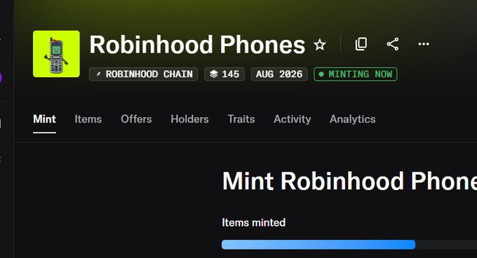 The image shows an OpenSea collection page titled "Robinhood Phones" on the Robinhood Chain, claiming to have 145 items minted in August 2026 with a "MINTING NOW" badge. The accompanying post indicates this is a scam copycat collection impersonating a legitimate project, with the creator warning users to report the fraudulent mint that appears to be live.