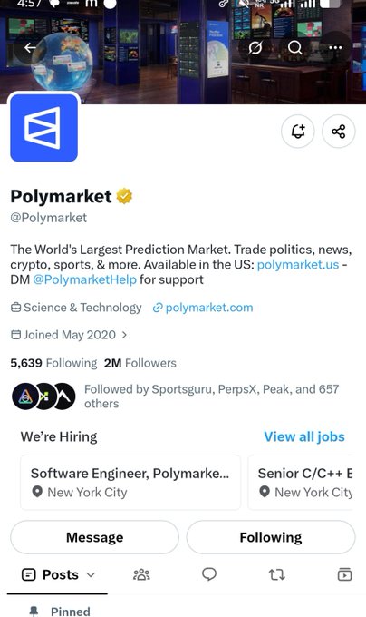 An X profile page for verified “Polymarket” describes it as “The World’s Largest Prediction Market,” with links to polymarket.us and polymarket.com.