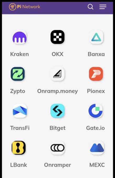 A Pi Network app interface displaying partner exchange logos including Kraken, OKX, Banxa, Zypто, Onramp.money, Pionex, TransFi, Bitget, Gate.io, LBank, Onramper, and MEXC.