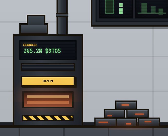 A pixel-art illustration shows a machine labeled 'BURNED 265.2M $9T05' with an 'OPEN' slot, sitting next to a stack of black boxes with orange details.