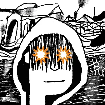 A black and white illustration depicts a hooded figure with glowing orange star-shaped eyes and dark hair obscuring their face, set against a backdrop of sketchy buildings and a bridge.