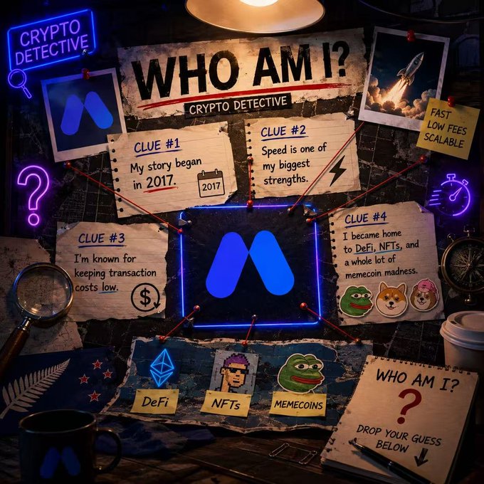 A "Crypto Detective" mystery board poses four clues—launched in 2017, known for speed and low transaction costs, and central to DeFi, NFTs, and memecoins—pointing to Avalanche (AVAX), with a neon-blue AVAX logo at the center surrounded by emojis like 🐸🐕🐕‍🦺 and the tagline "Drop your guess below."