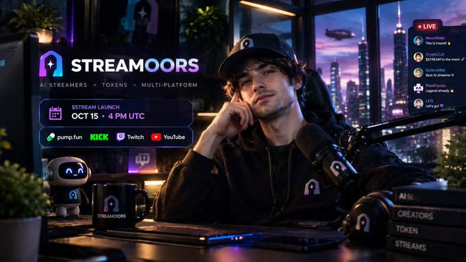 A promotional graphic for 'STREAMOORS' featuring a young man at a streaming setup, with text indicating 'AI STREAMERS x TOKENS x MULTI-PLATFORM', 'STREAM LAUNCH OCT 15 - 4 PM UTC', and logos for pump.fun, KICK, Twitch, and YouTube.