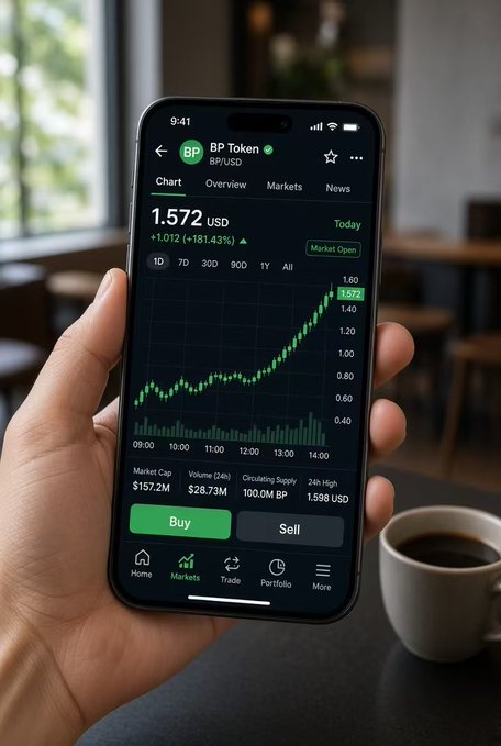 A hand holds a smartphone displaying a trading app for 'BP Token' priced at 1.572 USD, showing a green upward-trending chart above a cup of coffee.