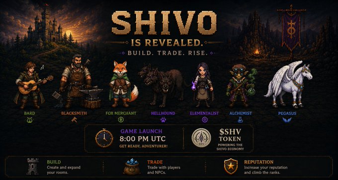 Promotional graphic for 'SHIVO' game launch featuring pixel art characters labeled Bard, Blacksmith, Fox Merchant, Hellhound, Elementalist, Alchemist, and Pegasus, with text announcing a 8:00 PM UTC game launch and the $SHV token powering the Shivo economy.