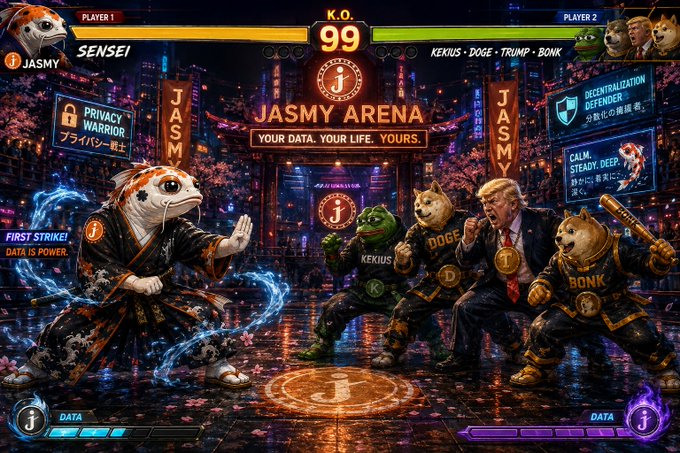 A fighting game screen titled 'JASMY ARENA' showing Player 1 as 'SENSEI' (a koi fish character) versus Player 2's team of 'KEKIUS, DOGE, TRUMP, BONK' with a K.O. counter at 99.