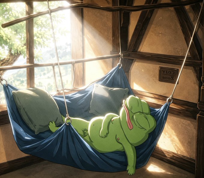An illustration of a green cartoon creature sleeping peacefully in a blue hammock inside a sunlit wooden room with large windows.