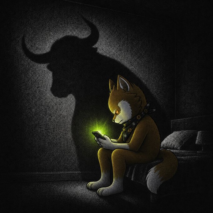 An illustration of a fox-like character wearing a bandana, sitting in the dark and looking at a glowing phone, while casting a menacing bull-like shadow on the wall behind.