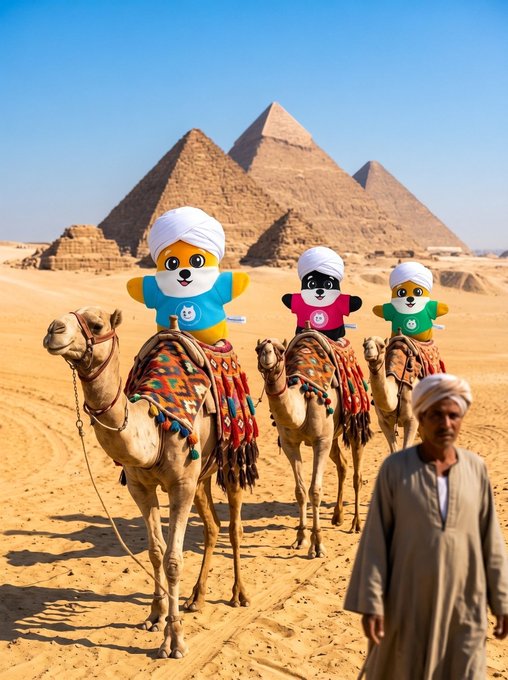 Three cartoon mascots wearing turbans ride atop colorfully adorned camels across a desert, with the pyramids of Giza visible in the background.