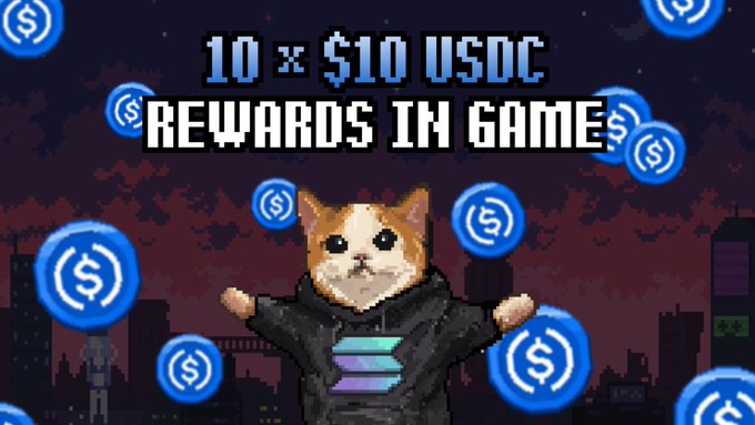 A pixel art illustration features a cat character wearing a Solana hoodie with arms outstretched, surrounded by floating USDC coin icons against a dark city skyline. Bold pixel text reads "10 x $10 USDC REWARDS IN GAME," promoting a giveaway offering ten players $10 USDC each for active gameplay on the Jimbo game.