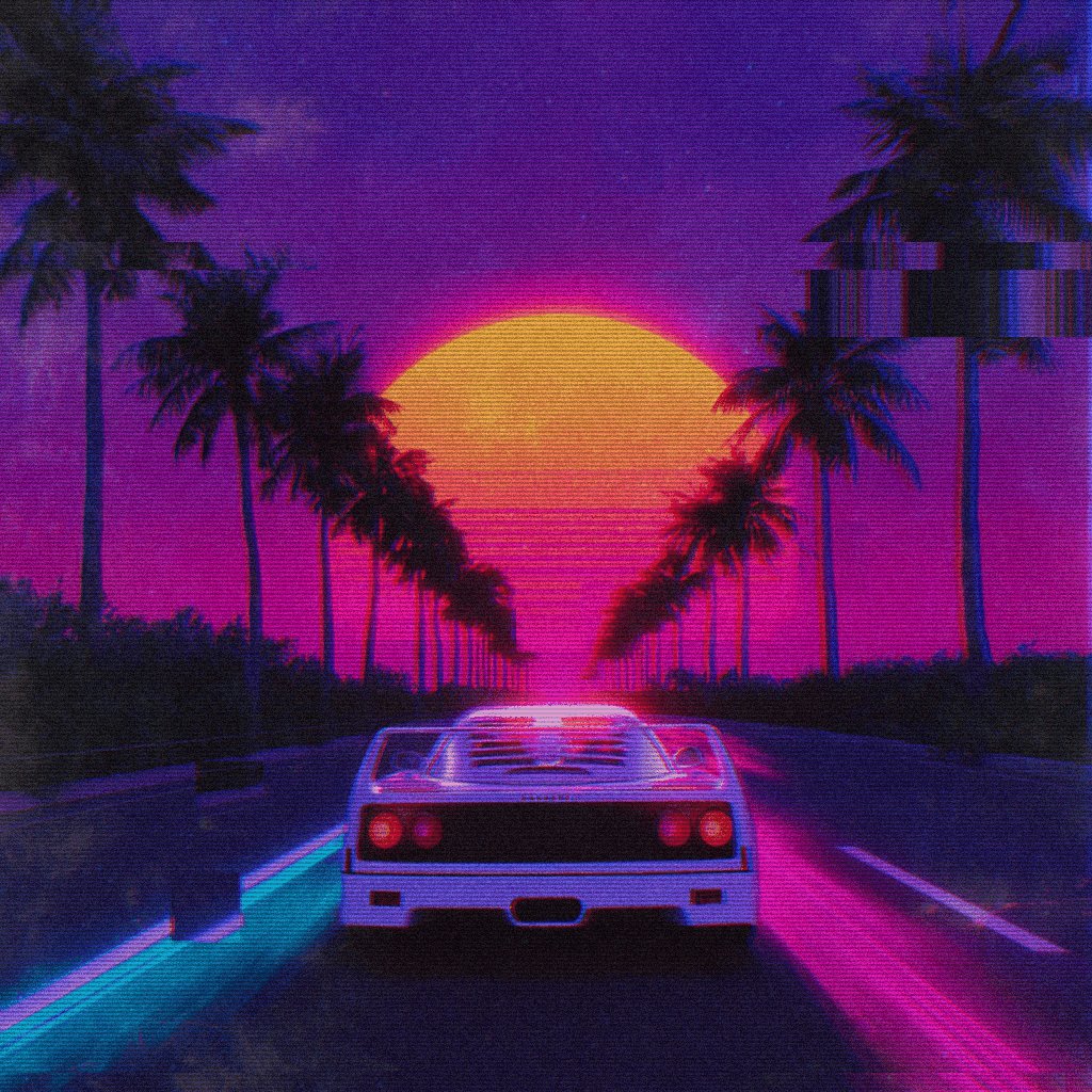 The image features a car driving down an empty road, with palm trees lining both sides of the street. The sun is setting behind the trees, creating a beautiful backdrop for the scene. The photo has a vintage or retro feel due to its color scheme and the style of the car. It appears that the car might be a sports car, as it is described as "very fast" in one sentence.