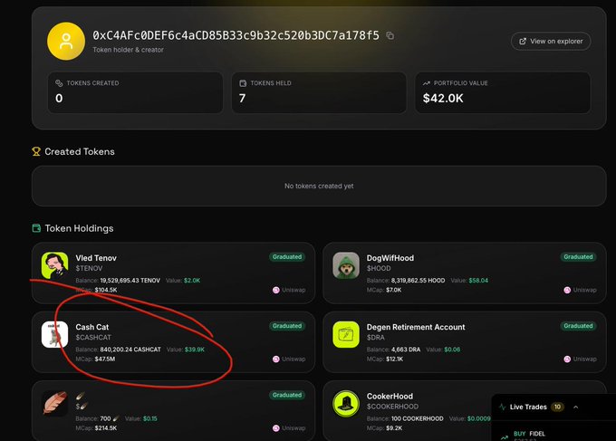 The image shows a crypto portfolio dashboard for wallet 0xC4AFc0DEF6c4aCD85B33c9b32c520b3DC7a178f5, displaying 7 token holdings with a total portfolio value of $42.0K. The "Cash Cat" ($CASHCAT) token is circled in red, showing a balance of 840,200.24 CASH CAT valued at $39.9K with a $475M market cap, supporting the post celebrating the holding being "worth it."