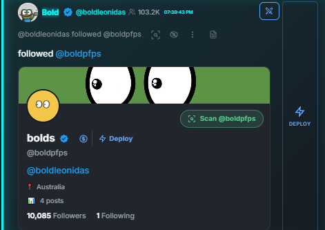 A Twitter screenshot shows that @boldleonidas has followed @boldpfps, with the @boldpfps profile displaying "10,085 Followers," "4 posts," and a "Scan @boldpfps" option, supporting the post's claim of a new artist-led NFT project being monitored as alpha.