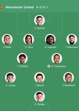 A tactical lineup graphic showing Manchester United's 4-2-3-1 formation with Darly (12) in goal, defenders Dalot (2), Yoro (15), Heaven (26), and Mazraoui (3), holding midfielders Santos (17) and Tielemans (18), attacking midfielders Lacey (31), Mount (7), and Rashford (9), and striker Sekko (30), representing the starting XI for their EFL Cup match against Brighton.