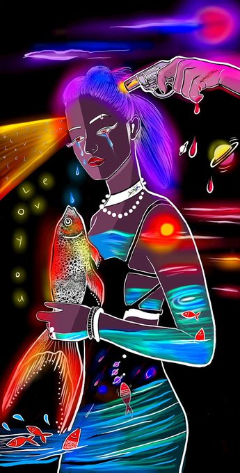 A vibrant neon-style digital artwork of a crying woman holding a rainbow-colored fish while a hand points a gun at her head against a cosmic background.