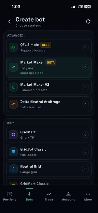 Mobile app screenshot showing a 'Create bot' strategy menu with options including QFL Simple, Market Maker, Market Maker V2, Delta Neutral Arbitrage, GridMart, GridBot Classic, and Neutral Grid.