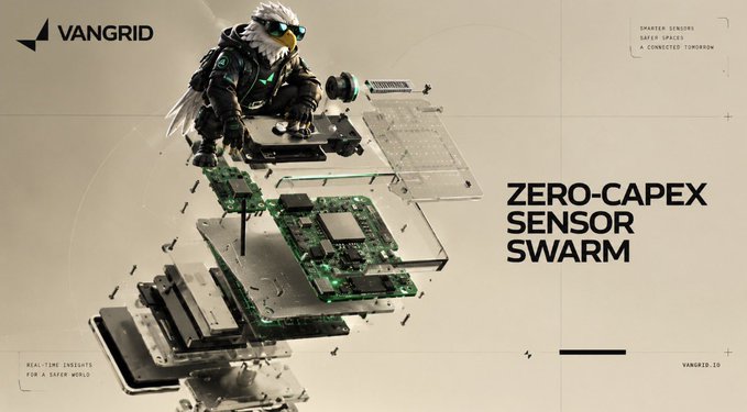 VanGrid promotional graphic for a 'Zero-CapEx Sensor Swarm,' showing a cyborg eagle perched atop an exploded view of circuit boards and hardware components.