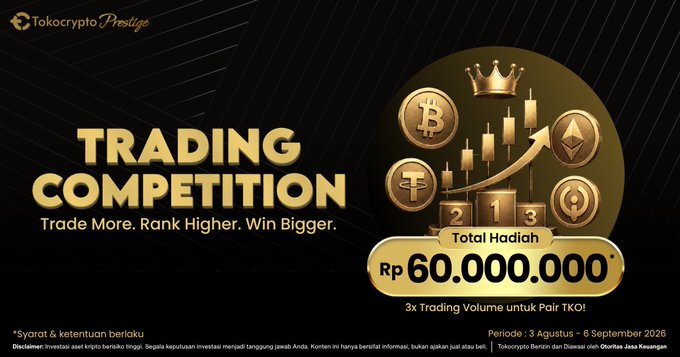 A Tokocrypto Prestige 'TRADING COMPETITION' advertisement offering a total prize pool of 'Rp 60.000.000' running from August 3 to September 6, 2026.