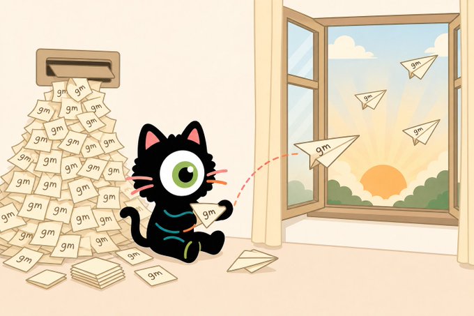 A cartoon illustration of a black cat with a single large green eye holding an envelope marked "gm", sitting next to a mailbox overflowing with similar envelopes, while more paper airplanes marked "gm" fly out of an open window into a sunrise.