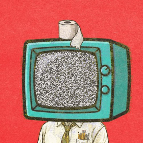 An artistic illustration of a vintage teal television displaying static on its screen, replacing a person's head, with a roll of toilet paper on top and the figure wearing a shirt and tie against a red background.