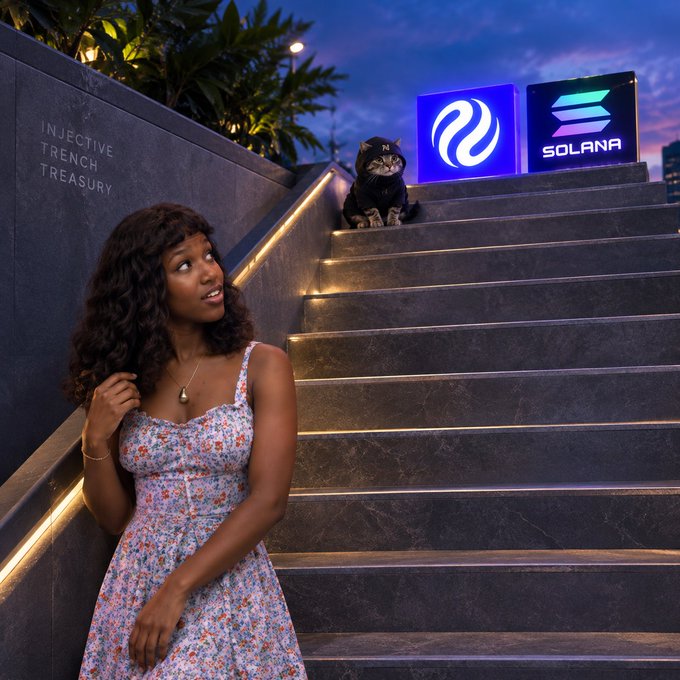 A woman in a floral dress stands on illuminated stairs next to glowing signs for 'INJECTIVE' and 'SOLANA', with a black cat wearing a gold tag sitting on the steps above her; the wall reads 'INJECTIVE TRENCH TREASURY'.