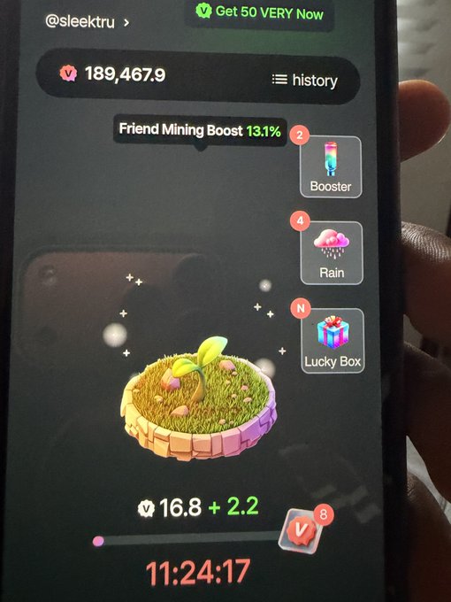A phone screen shows a Verychat/Telegram-style crypto mining game with “189,467.9” balance, a “Friend Mining Boost 13.1%,” and 2.2 tokens being mined every few seconds. The post’s claim that “Verychat list at $0.8” highlights the low listing price relative to the app’s apparent token-earning activity.