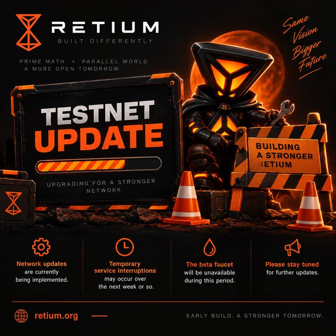 A promotional graphic for 'RETIUM' with the tagline 'BUILT DIFFERENTLY' and 'TESTNET UPDATE', featuring a stylized armored character and text indicating 'Network updates are currently being implemented' at retium.org.