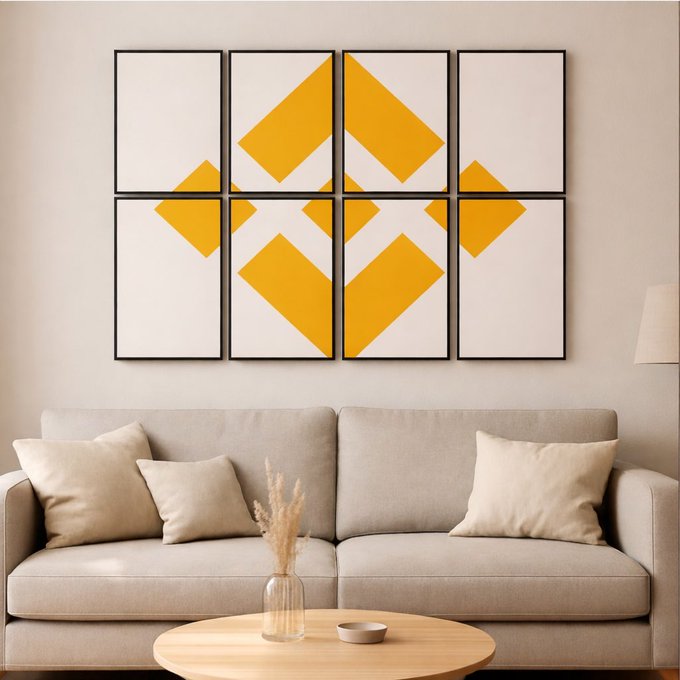 A modern living room interior featuring a grey sofa with beige pillows, a round wooden coffee table, and four framed abstract geometric prints in yellow and white above the couch.