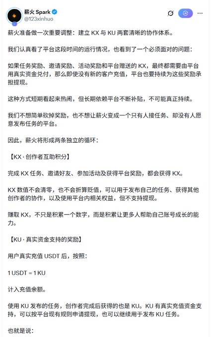 A Chinese-language social media post from '薪火 Spark (@123xinhuo)' outlines adjustments to a platform's reward system, detailing separate circulation systems for 'KX' (creator mutual points) and 'KU' (real-funded rewards, with 1USDT = 1KU).