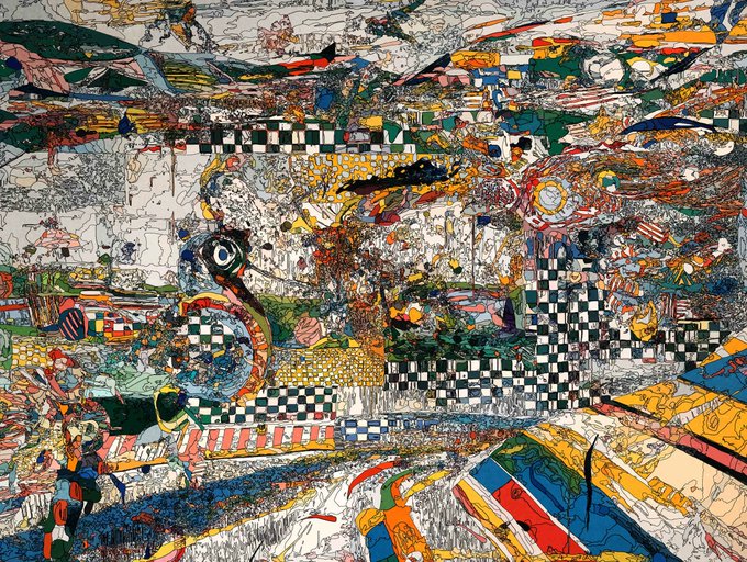 A highly complex, chaotic abstract painting filled with intricate line work, checkerboard patterns, vibrant colors, and surreal landscape elements.