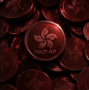 A pile of dark red coins embossed with the Hong Kong bauhinia flower symbol and the text "HKD AP," representing the HKDAP stablecoin at the center of a security controversy. The image visually reinforces the post's claim about Hong Kong's first licensed stablecoin, with the coin design echoing the region's official emblem as BlockSec flags critical vulnerabilities in the token's contract.
