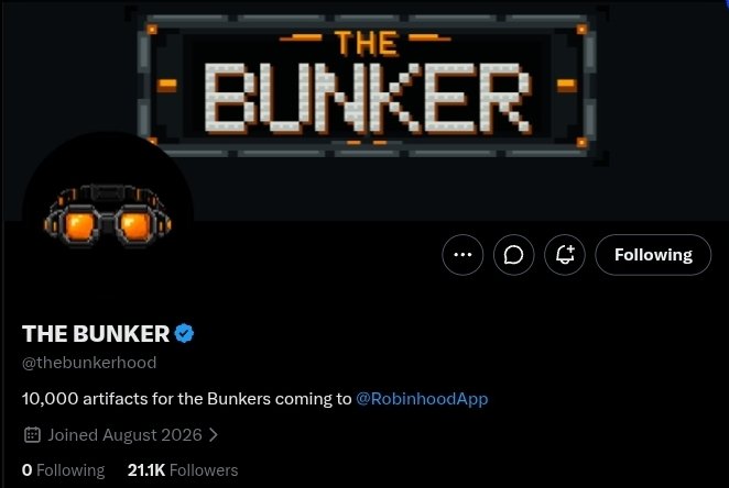 An X/Twitter profile page for 'THE BUNKER' (@thebunkerhod) with a pixel-art banner, 21.1K followers, and the bio '10,000 artifacts for the Bunkers coming to @RobinhoodApp'.