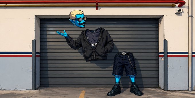 A street art-style image showing a cartoon character with blue skin, blonde hair, and sunglasses floating above a jacket, with disembodied blue legs wearing shorts and boots standing below, set against a gray garage door.