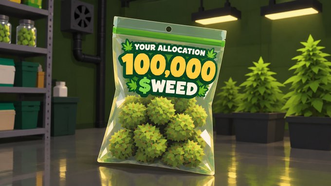 A promotional graphic shows a clear bag filled with cannabis buds, labeled “YOUR ALLOCATION 100,000 $WEED,” against a stylized grow-room backdrop. It matches the post’s teaser for the $WEED token launch at weed.games, with the bag symbolizing users opening their token allocation.