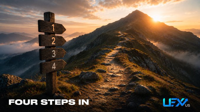 Landscape image with a wooden signpost pointing to four numbered arrows (1-4) along a mountain path at sunset, with text 'FOUR STEPS IN' and a 'LFX US' logo.