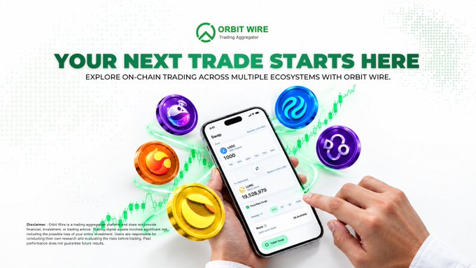 An advertisement banner for 'Orbit Wire' trading aggregator with the tagline 'YOUR NEXT TRADE STARTS HERE,' showing a smartphone displaying a swap interface with various cryptocurrency tokens.