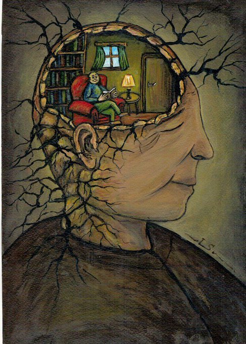 An illustration of a person's head in profile with cracked, tree-like patterns spreading across it, revealing a small interior scene of a person sitting in a red armchair reading a book next to a lamp and bookshelf.