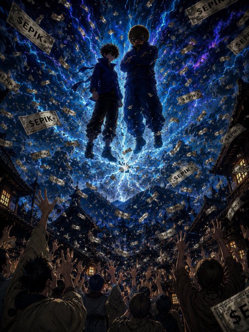 Two silhouetted anime figures float above a cheering crowd as bills emblazoned with "$EPIK" rain down from a swirling cosmic sky, visually evoking an airdrop event for the EPIK token. The dramatic upward perspective emphasizes the excitement and anticipation of the community receiving the token drop.