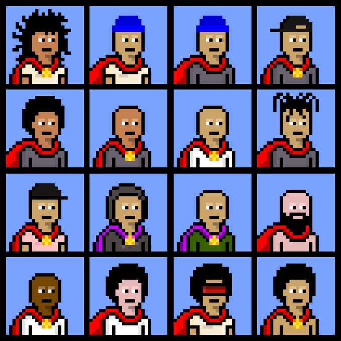 A 4x4 grid displays 16 distinct 8-bit pixel art character portraits against light blue backgrounds, showing various figures with different hairstyles, hats, and outfits.