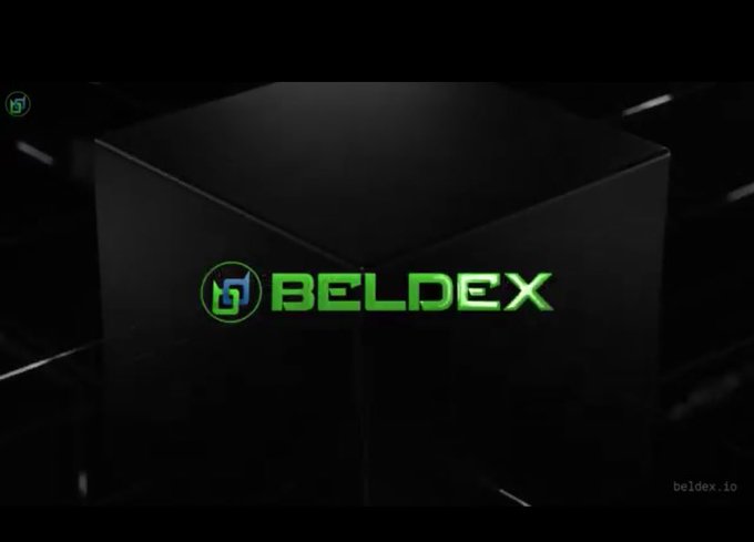 A dark 3D promotional graphic displaying the BELDEX logo and name in bright green on a glossy black cube, with beldex.io in the corner.