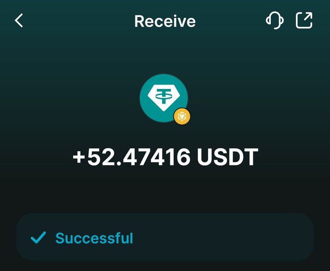 A screenshot of a crypto wallet's "Receive" screen showing a successful transaction of +52.47416 USDT (Tether) confirmed on the network, illustrating the "small payment from Web3" mentioned in the caption.