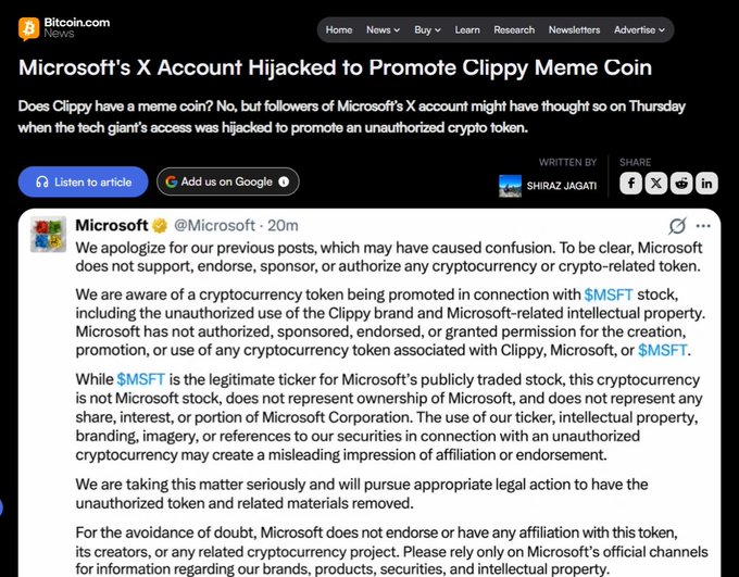 A Bitcoin.com News article titled 'Microsoft's X Account Hijacked to Promote Clippy Meme Coin' includes a screenshot of Microsoft's official statement disavowing the unauthorized $MSMFT cryptocurrency token.