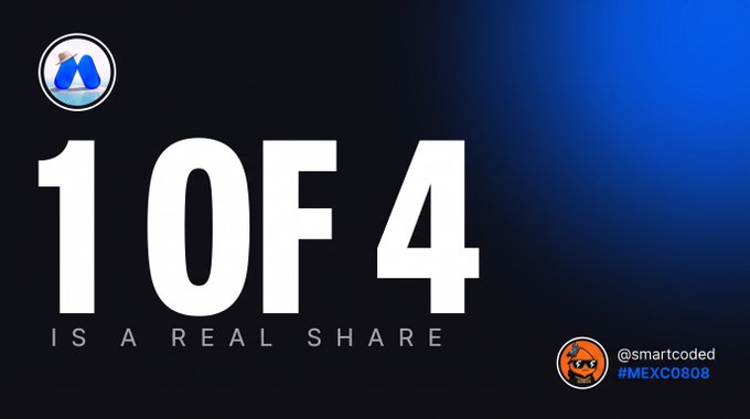 A dark-themed promotional graphic features a MetaMask-style fox logo in the top-left and displays large white text reading "1 OF 4 IS A REAL SHARE," reinforcing the post's message that only one of MEXC's four NVIDIA exposure options (via RealStocks) provides genuine shareholder status, with the @smartcoded and #MEXC0808 handles shown in the bottom-right corner.