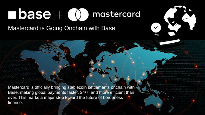The image features a map of the world with various cities labeled along with text that reads "Mastercard is Going Onchain with Base Big news!". The caption below the image explains that Mastercard has expanded its settlement system to include stablecoins on the blockchain, which can be accessed at any time and from anywhere. This new feature allows settlements to happen both during regular business hours and over weekends or holidays.